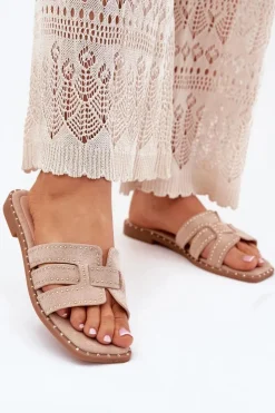 Boto Klapki Damskie Klasyczne*Zdobione Klapki Na Płaskim Obcasie Khaki Anniles