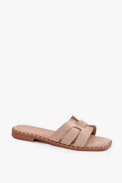 Boto Klapki Damskie Klasyczne*Zdobione Klapki Na Płaskim Obcasie Khaki Anniles