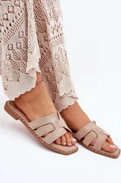 Boto Klapki Damskie Klasyczne*Zdobione Klapki Na Płaskim Obcasie Khaki Anniles