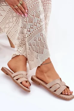 Boto Klapki Damskie Klasyczne*Zdobione Klapki Na Płaskim Obcasie Khaki Anniles