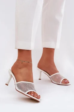 Damskie Boto Zdobione Klapki Na Szpilce Białe Ennoriel