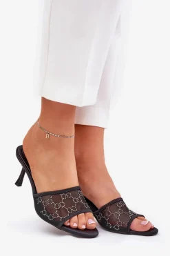 Damskie Boto Zdobione Klapki Na Szpilce Czarne Ennoriel