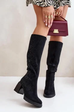 Damskie buty S.Barski Zdobione Kozaki Damskie Przed Kolano Ocieplane Na Słupku MR880-158 Czarne