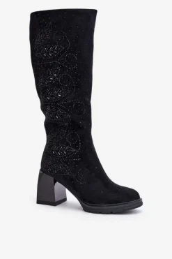 Damskie buty S.Barski Zdobione Kozaki Damskie Przed Kolano Ocieplane Na Słupku MR880-158 Czarne