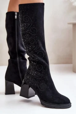 Damskie buty S.Barski Zdobione Kozaki Damskie Przed Kolano Ocieplane Na Słupku MR880-158 Czarne