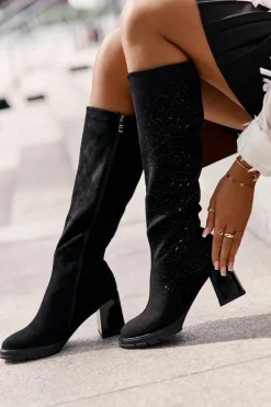 Damskie buty S.Barski Zdobione Kozaki Damskie Przed Kolano Ocieplane Na Słupku MR880-158 Czarne