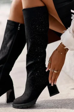 Damskie buty S.Barski Zdobione Kozaki Damskie Przed Kolano Ocieplane Na Słupku MR880-158 Czarne