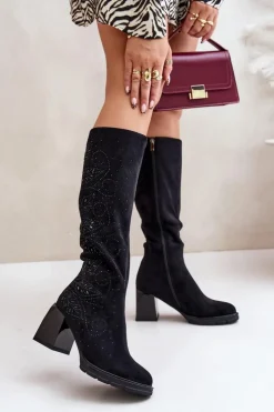 Damskie buty S.Barski Zdobione Kozaki Damskie Przed Kolano Ocieplane Na Słupku MR880-158 Czarne