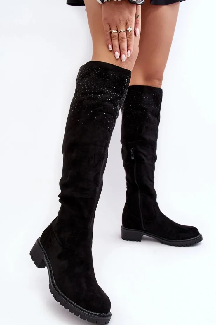 Damskie Boto Zdobione Kozaki Damskie Za Kolano Na Płaskim Obcasie Czarne Cintya