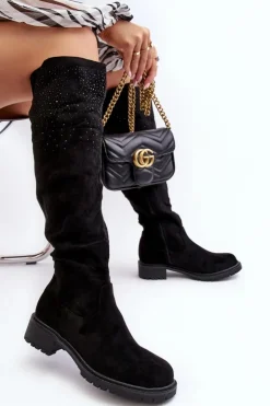 Damskie Boto Zdobione Kozaki Damskie Za Kolano Na Płaskim Obcasie Czarne Cintya