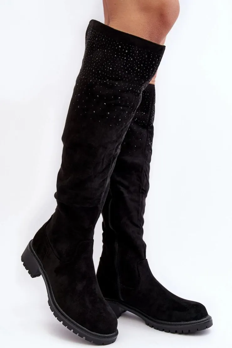 Damskie Boto Zdobione Kozaki Damskie Za Kolano Na Płaskim Obcasie Czarne Cintya
