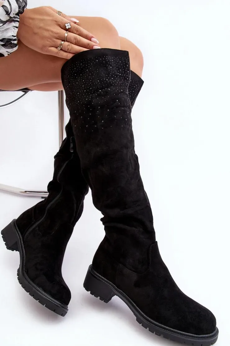 Damskie Boto Zdobione Kozaki Damskie Za Kolano Na Płaskim Obcasie Czarne Cintya