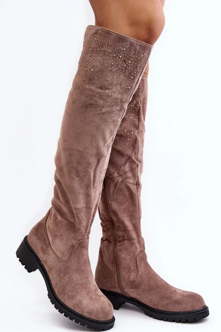 Boto Kozaki Płaskie|Kozaki Zamszowe*Zdobione Kozaki Damskie Za Kolano Na Płaskim Obcasie Beżowe Cintya