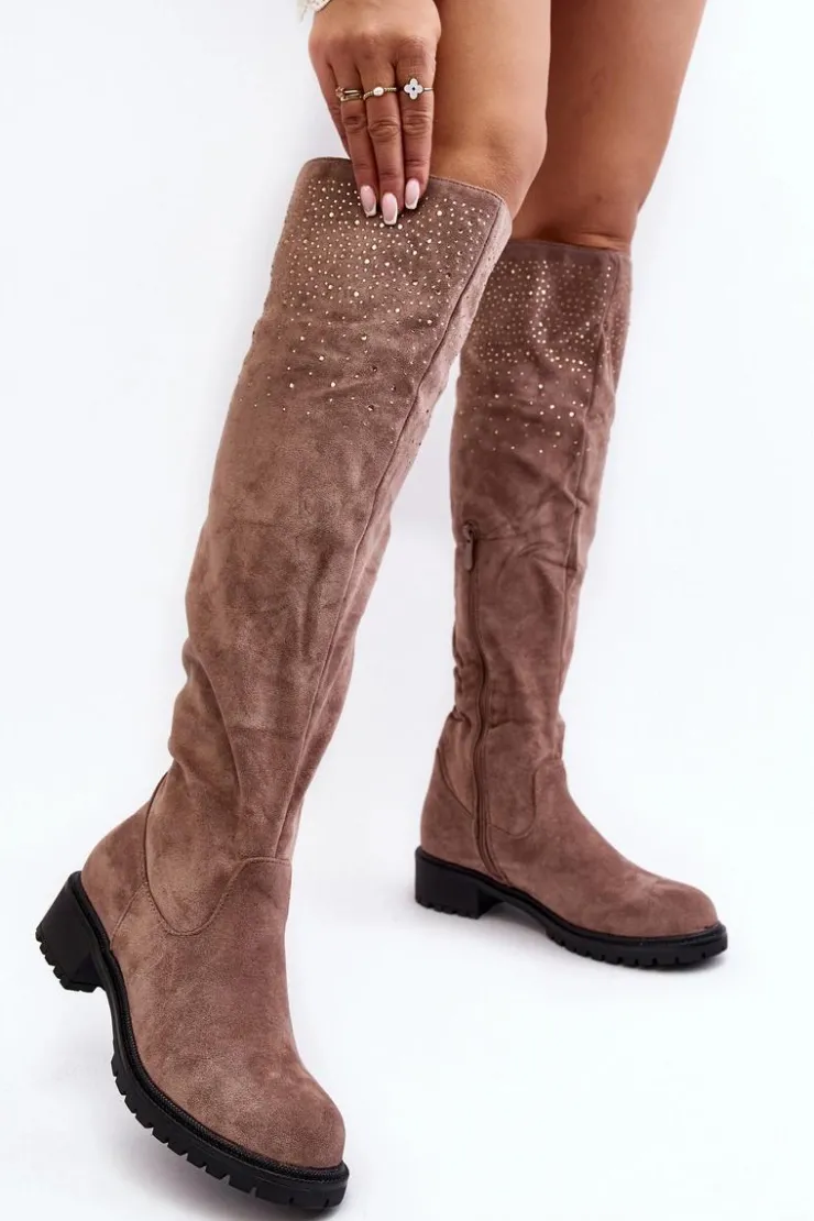 Boto Kozaki Płaskie|Kozaki Zamszowe*Zdobione Kozaki Damskie Za Kolano Na Płaskim Obcasie Beżowe Cintya