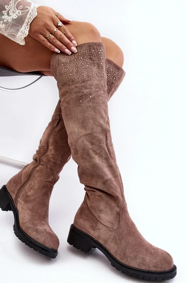 Boto Kozaki Płaskie|Kozaki Zamszowe*Zdobione Kozaki Damskie Za Kolano Na Płaskim Obcasie Beżowe Cintya