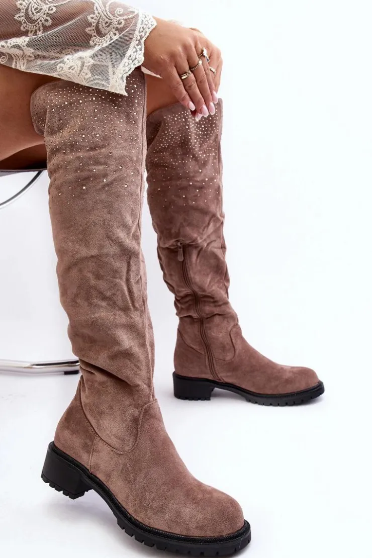Boto Kozaki Płaskie|Kozaki Zamszowe*Zdobione Kozaki Damskie Za Kolano Na Płaskim Obcasie Beżowe Cintya