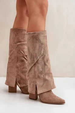 Damskie Boto Zdobione Kozaki Z Wywiniętą Cholewką Na Słupku Ciemnobeżowe Ivilta