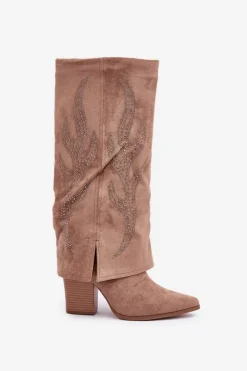 Damskie Boto Zdobione Kozaki Z Wywiniętą Cholewką Na Słupku Ciemnobeżowe Ivilta