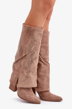 Damskie Boto Zdobione Kozaki Z Wywiniętą Cholewką Na Słupku Ciemnobeżowe Ivilta