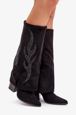 Online Boto Zdobione Kozaki Z Wywiniętą Cholewką Na Słupku Czarne Ivilta Czarny