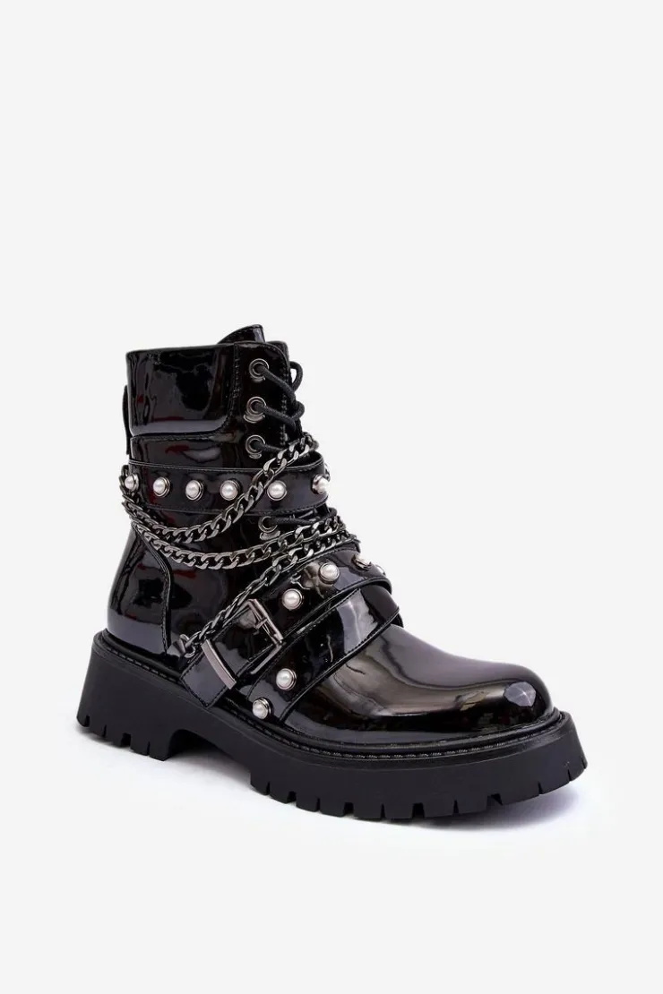 Hot Boto Zdobione Lakierowane Damskie Botki Workery Czarne Sibenna