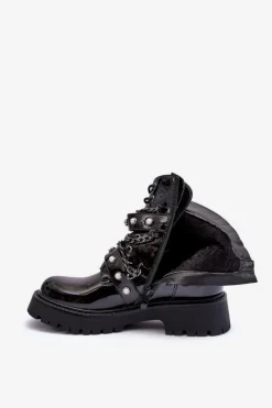 Hot Boto Zdobione Lakierowane Damskie Botki Workery Czarne Sibenna