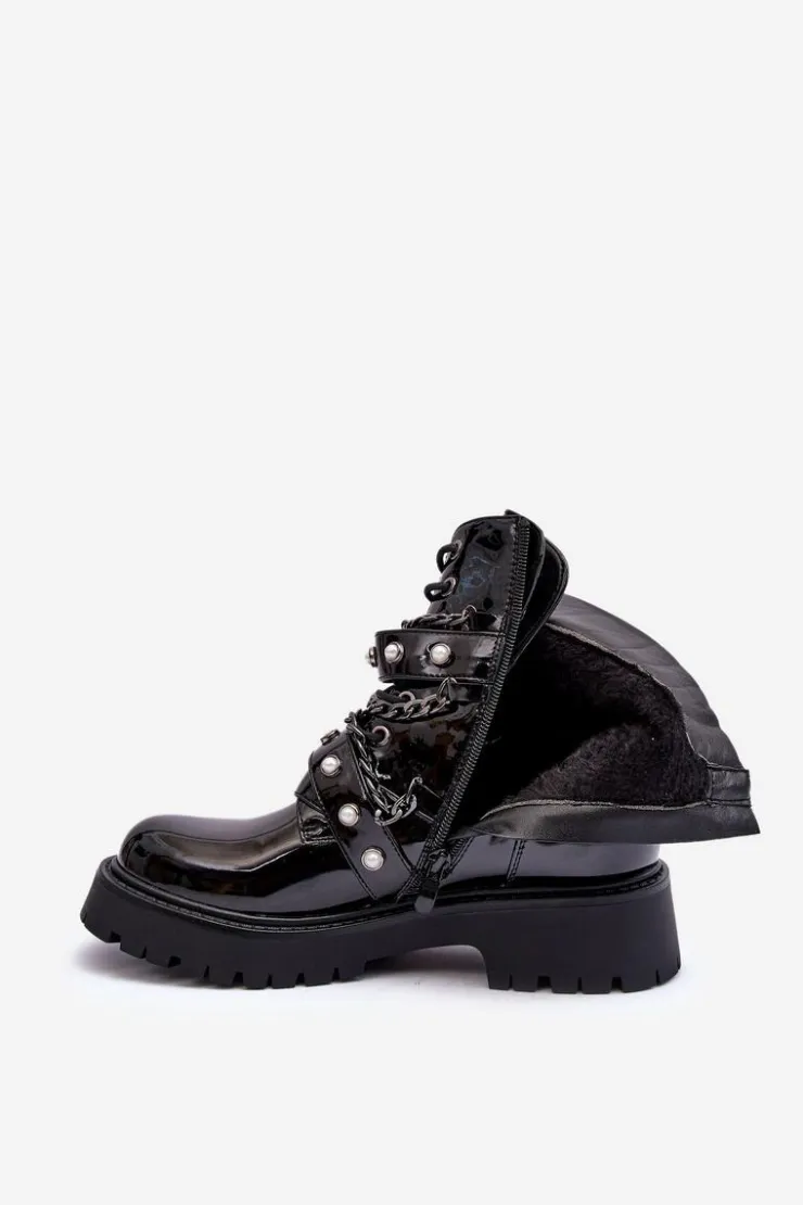 Hot Boto Zdobione Lakierowane Damskie Botki Workery Czarne Sibenna