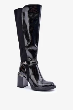 Damskie Damskie buty S.Barski Zdobione Lakierowane Kozaki Damskie Na Słupku D&A MR880-055 Czarne