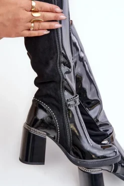 Damskie Damskie buty S.Barski Zdobione Lakierowane Kozaki Damskie Na Słupku D&A MR880-055 Czarne