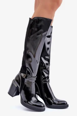 Damskie Damskie buty S.Barski Zdobione Lakierowane Kozaki Damskie Na Słupku D&A MR880-055 Czarne