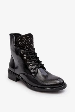 Discount Boto Zdobione Lakierowane Niskie Botki Damskie Czarne Hattia