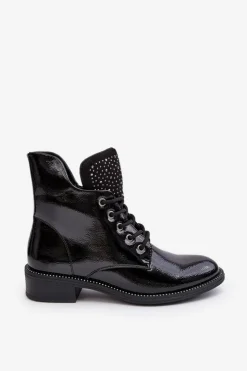 Discount Boto Zdobione Lakierowane Niskie Botki Damskie Czarne Hattia