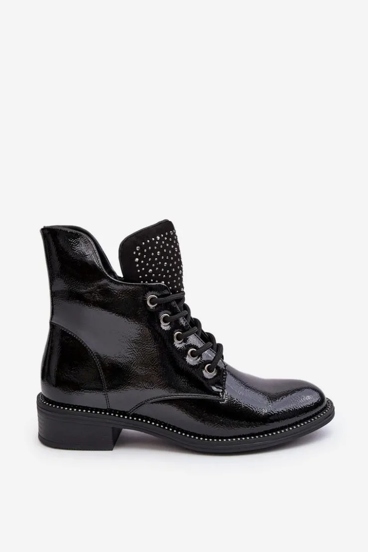 Discount Boto Zdobione Lakierowane Niskie Botki Damskie Czarne Hattia