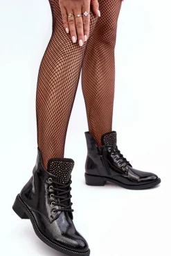 Discount Boto Zdobione Lakierowane Niskie Botki Damskie Czarne Hattia