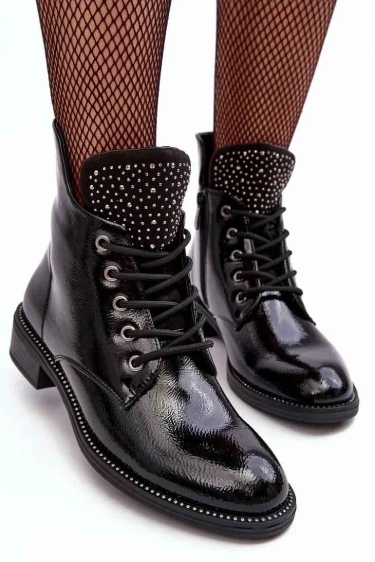 Discount Boto Zdobione Lakierowane Niskie Botki Damskie Czarne Hattia