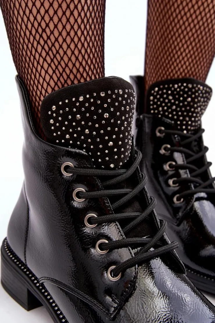 Discount Boto Zdobione Lakierowane Niskie Botki Damskie Czarne Hattia