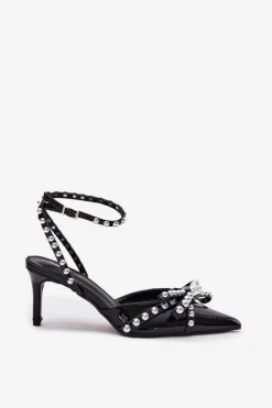 Hot Boto Zdobione Lakierowane Szpilki Z Odkrytą Piętą Czarne Redaine