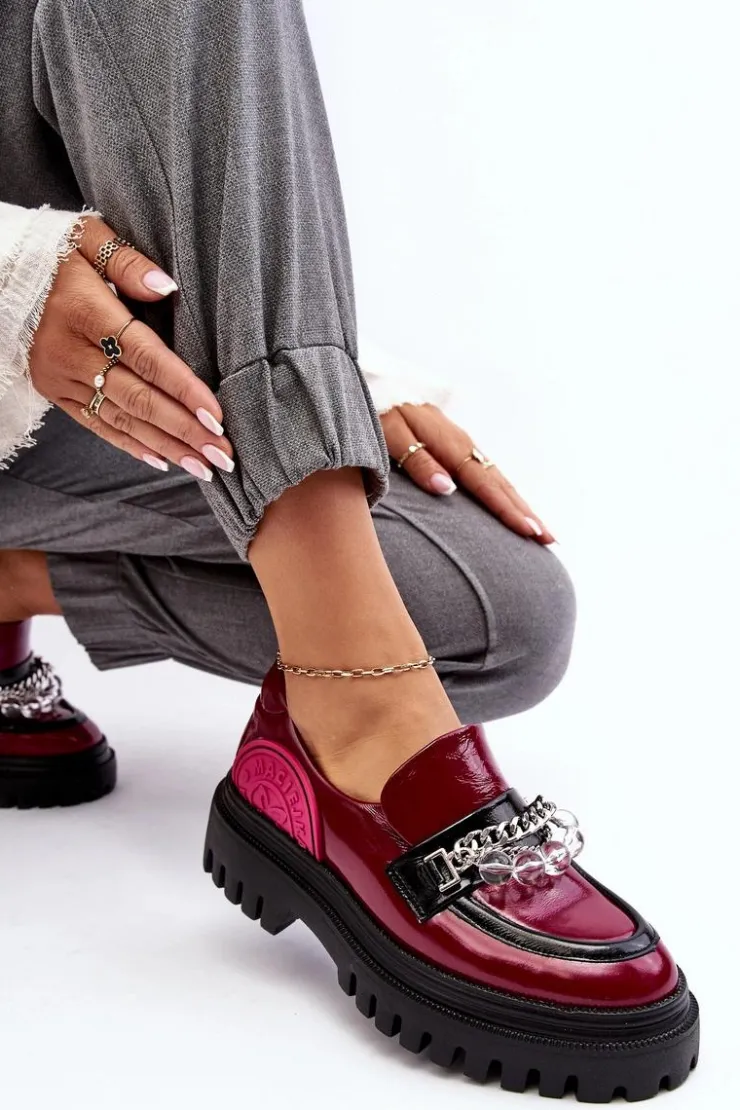 Maciejka Półbuty Skórzane|Mokasyny Damskie Skórzane*Zdobione Masywne Skórzane Półbuty Damskie 06294-15 Fuksja