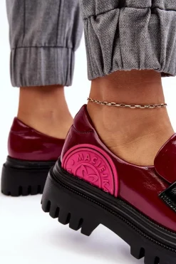 Maciejka Półbuty Skórzane|Mokasyny Damskie Skórzane*Zdobione Masywne Skórzane Półbuty Damskie 06294-15 Fuksja