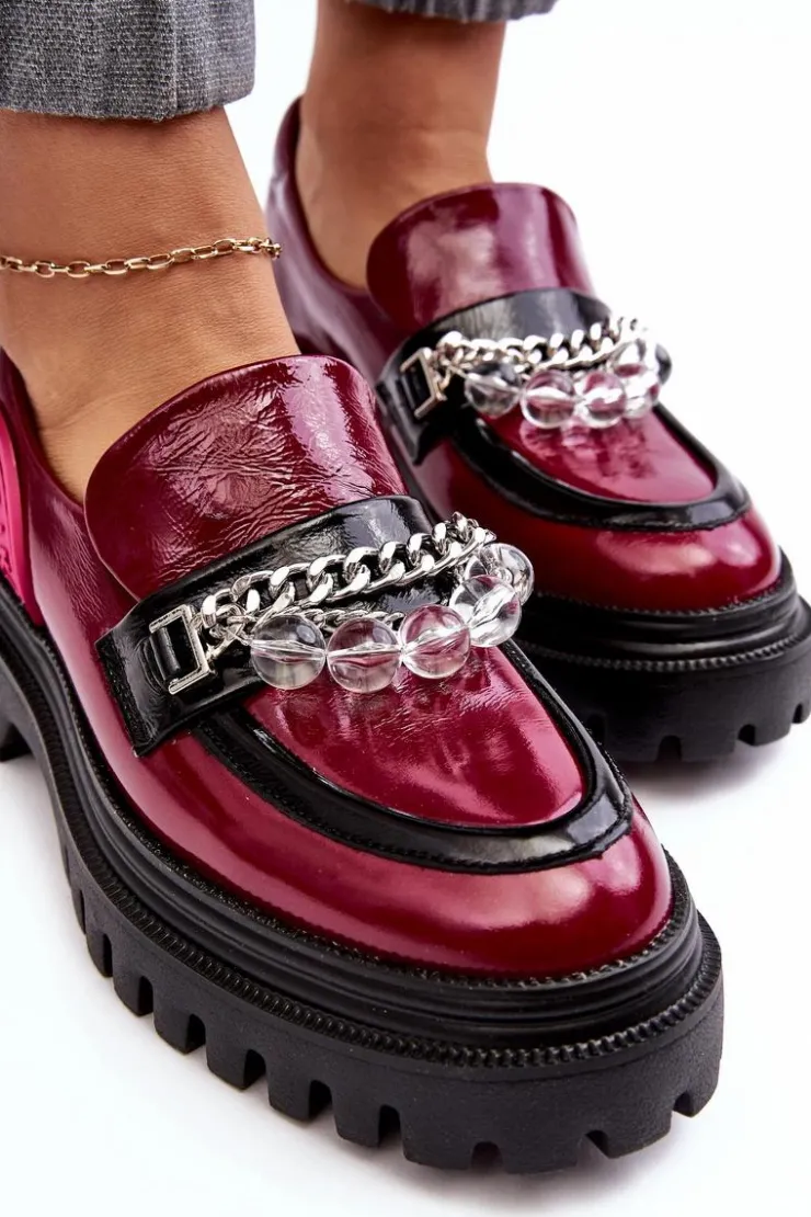 Maciejka Półbuty Skórzane|Mokasyny Damskie Skórzane*Zdobione Masywne Skórzane Półbuty Damskie 06294-15 Fuksja