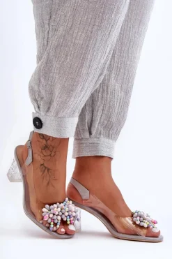 Discount Damskie buty S.Barski Zdobione Modne Sandały Na Słupku Szare S.Barski MR1037-23