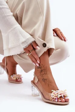 Best Damskie buty S.Barski Zdobione Modne Sandały Na Słupku Beżowe S.Barski MR1037-23