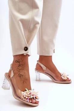 Best Damskie buty S.Barski Zdobione Modne Sandały Na Słupku Beżowe S.Barski MR1037-23