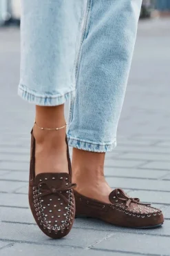 Online Boto Zdobione Mokasyny Damskie Z Eko Zamszu Brązowe Prissine