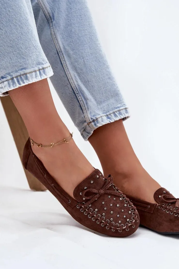 Online Boto Zdobione Mokasyny Damskie Z Eko Zamszu Brązowe Prissine