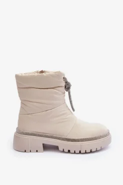 Damskie Boto Zdobione Śniegowce Na Płaskim Obcasie Jasnobeżowe Plotia