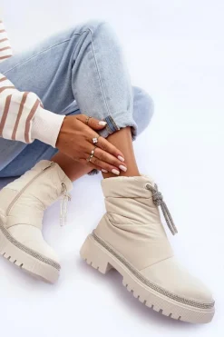 Damskie Boto Zdobione Śniegowce Na Płaskim Obcasie Jasnobeżowe Plotia