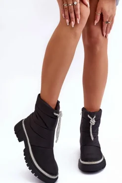 Damskie Boto Zdobione Śniegowce Na Płaskim Obcasie Czarne Plotia