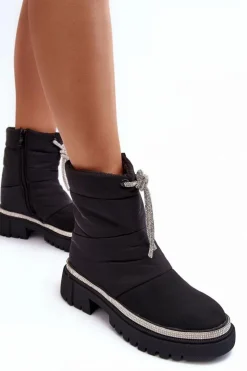 Damskie Boto Zdobione Śniegowce Na Płaskim Obcasie Czarne Plotia