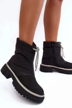 Damskie Boto Zdobione Śniegowce Na Płaskim Obcasie Czarne Plotia